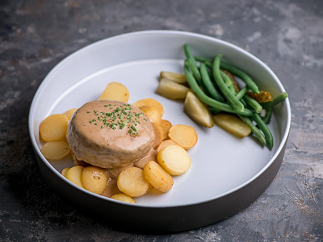 Котлета з яловичини та смаженою картоплею: 