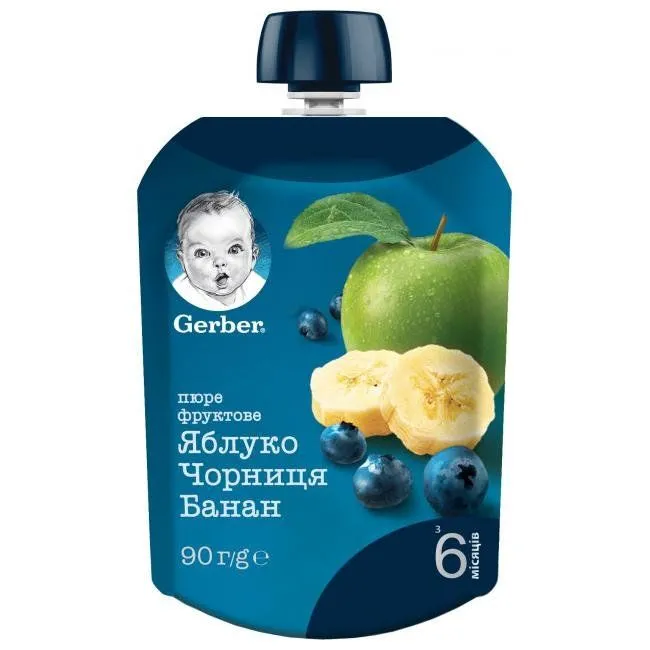 Фруктове пюре &quot;Яблуко, чорниця та банан&quot; 90 г пауч, Gerber