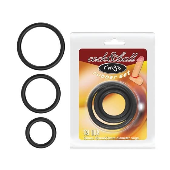 Набір з трьох ерекційних кілець Baile Cock & Ball Rings Rubber Set, чорний