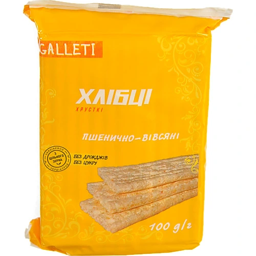 Хлібці Galleti Хлібці-Луганці пшенично-вівсяні без дріжджів та цукру, 100 гХлібці Galleti Хлібці-Луганці пшенично-вівсяні без дріжджів та цукру, 100 г