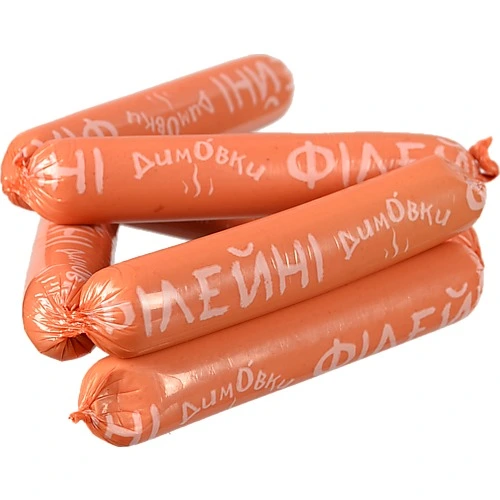 Сосиски [Димовкиk [Філейніk з мяса птиці, першого ґатунку, вакуумна упаковка