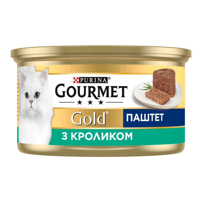 Корм консервований для дорослих котів повнораціонний Паштет з кроликом Gold Gourmet з/б 85г