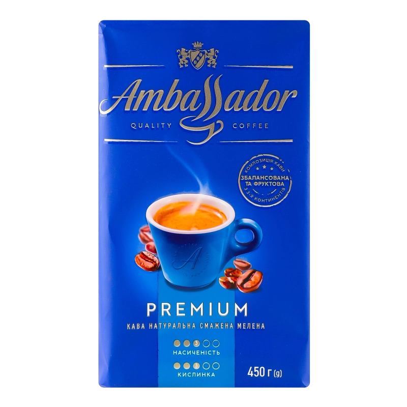 Кава натуральна смажена мелена Premium Ambassador в/у 450г