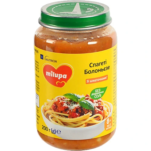Пюре Milupa 200г овочеве з макаронами та яловичиною спагеті болоньєзе від 8 місяців