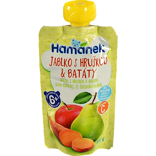 Пюре для дітей від 6міс фруктово-овочеве Яблуко з грушею та бататом Hamanek д/п 100г
