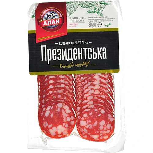 Ковбаса [Президентськаk сировялена вищого ґатунку ТМ [Аланk, нарізка, 80 г
