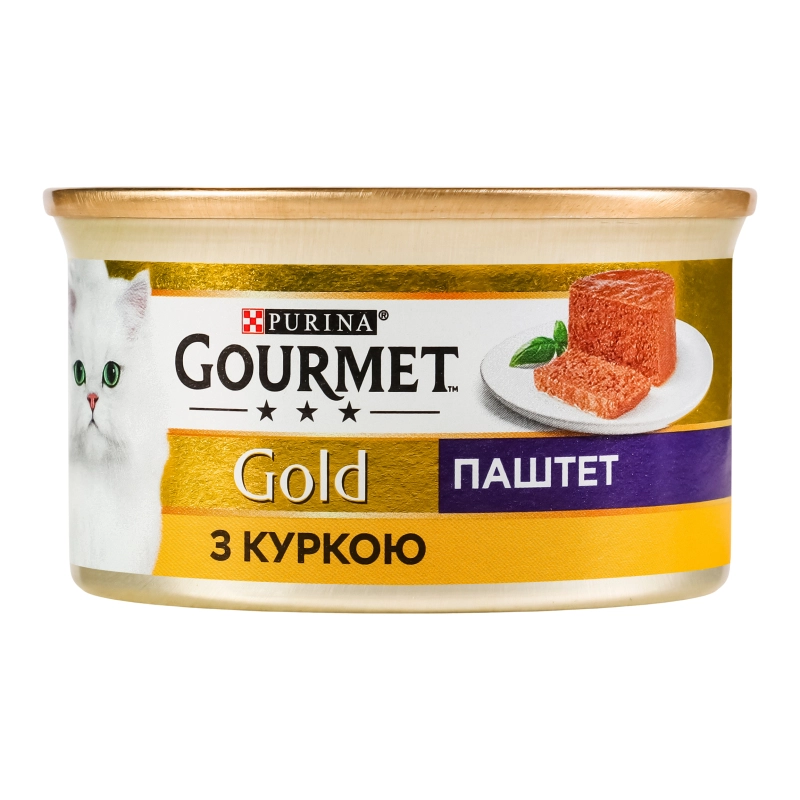 Корм консервований для дорослих котів повнораціонний Паштет з куркою Gold Gourmet з/б 85г