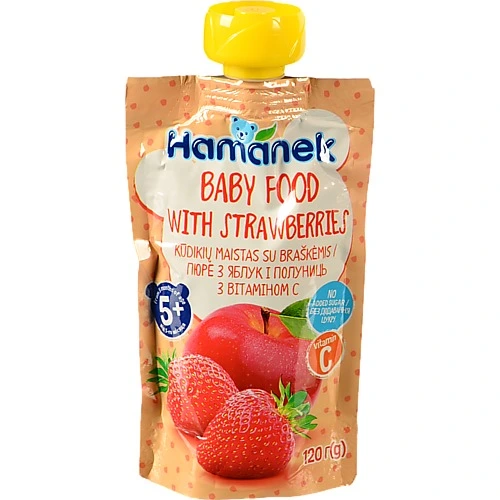 Пюре для дітей від 5міс з яблук і полуниць з вітаміном С Hamanek д/п 120г