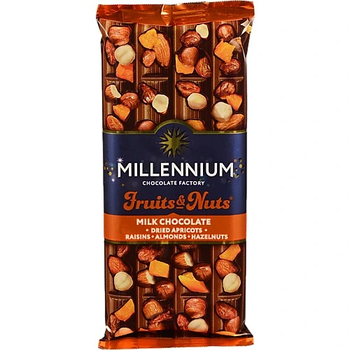 Шоколад молочний з мигдалем цілими лісовими горіхами курагою та родзинками Fruits&Nuts Millennium м/у 90г