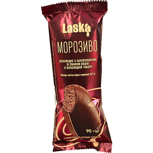 Морозиво Ласка 90г ескімо шоколадне смак вишні в шоколадній глазурі