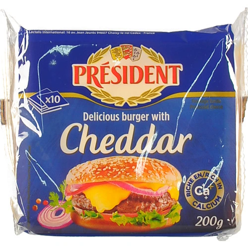 Сир плавлений 40% для бургерів Cheddar President м/у 10х20г