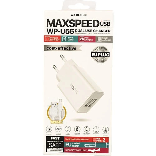 ЗП мережеве WK WP-U56m 2.0A 2USB  кабель microUSB 1м білий EU