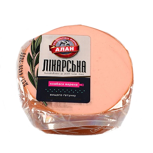 Ковбаса Лікарська порційна Алан, варена, вищого гатунку