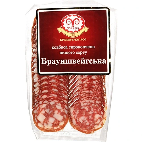 Ковбаса [Фарроk [Брауншвейгськаk сирокопчена, нарізка 80 г, вищий ґатунок, вакуумна упаковка