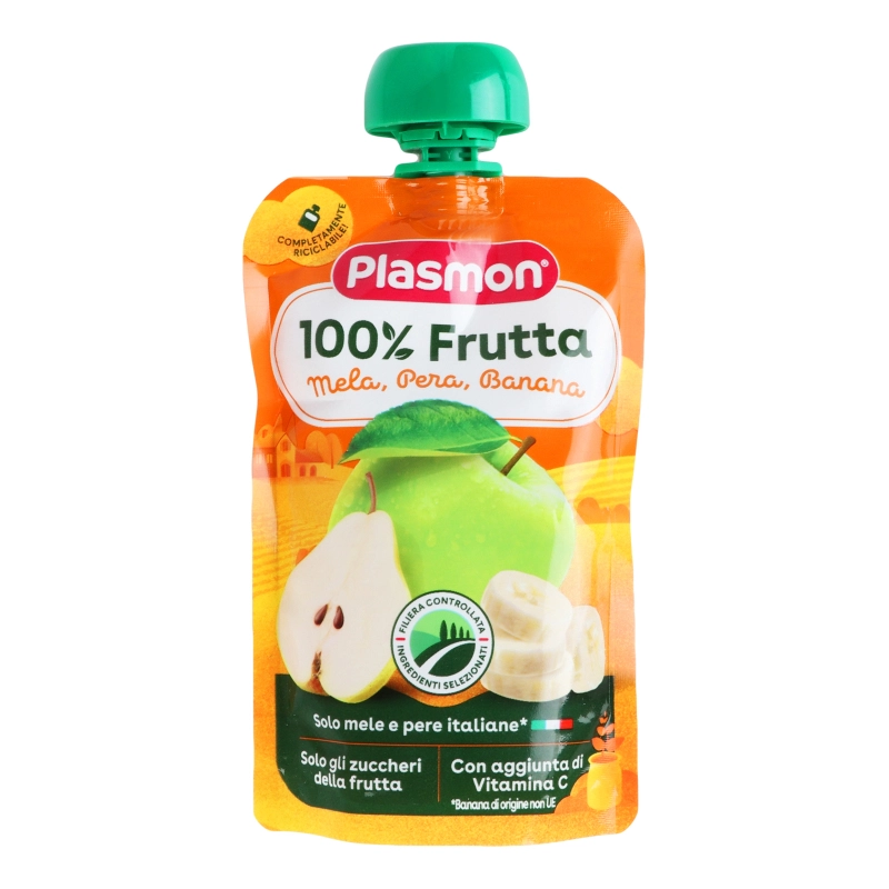 Пюре для дітей від 6міс з яблук груш та бананів з вітаміном С Фруктовий мікс Plasmon д/п 100г