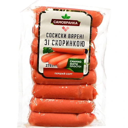Сосиски варені Зі скоринкою Самобранка в/у 0.275кгСосиски [Самобранкаk [Зі скоринкоюk варені, першого ґатунку, 275 г