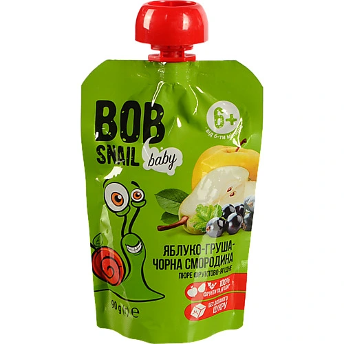 Пюре для дітей від 6міс фруктово-ягідне Яблуко-груша-чорна смородина Baby Bob Snail д/п 90г