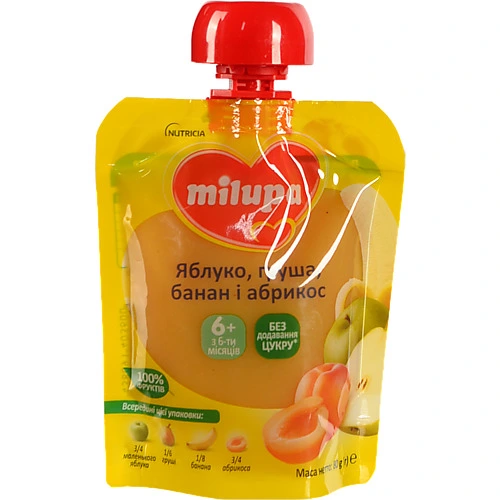 Пюре для дітей від 6міс фруктове Яблуко-груша-банан-абрикос Milupa д/п 80г