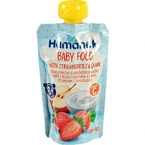 Пюре для дітей від 6міс з яблук та полуниці з сиром вітаміном С та кальцієм Hamanek д/п 120г