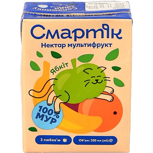 Нектар з м'якоттю та цукром гомогенізований та стерилізований мультифрукт Смартік т/п 200мл