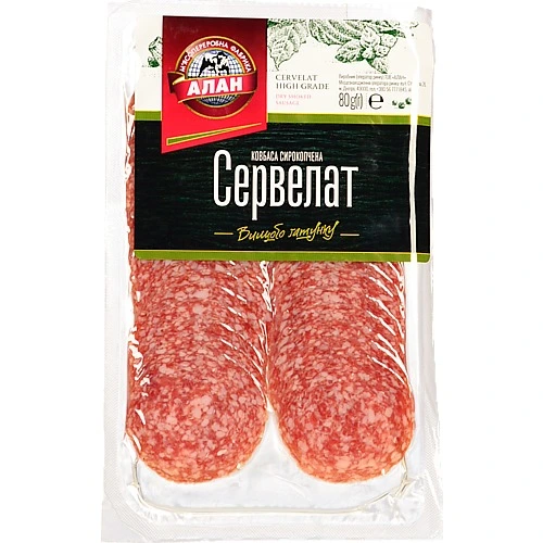 Ковбаса Алан [Сервелатk сирокопчена, вищий ґатунок, нарізка 80 г