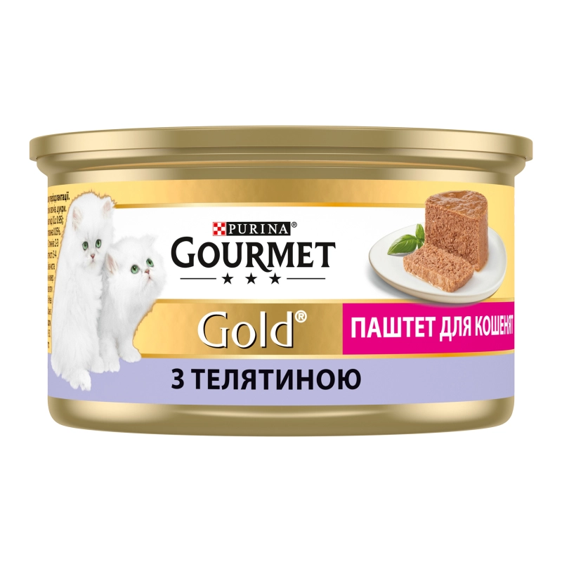 Корм консервований для кошенят повнораціонний Паштет з телятиною Gold Gourmet з/б 85г