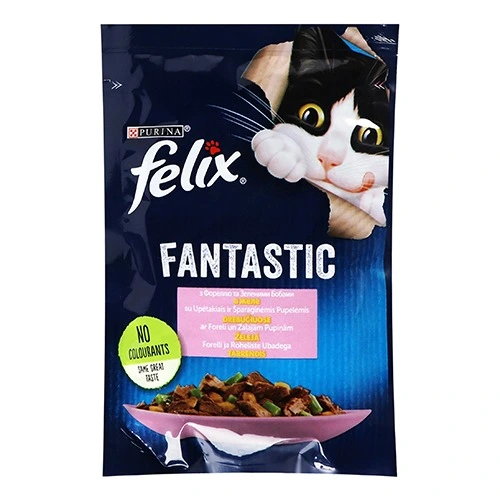 Корм консервований повнораціонний для дорослих котів з фореллю та зеленими бобами в желе Fantastic Felix м/у 85г