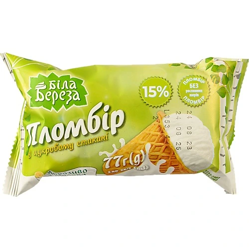 Морозиво 15% у цукровому стаканчику Пломбір Біла Береза м/у 77г