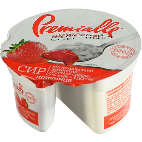 Сир кисломолочний 7% зернистий Полуниця Premialle 150г