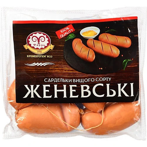 Сардельки Фарро Женевські, вищого ґатунку, необгорнуті, газопакована упаковка