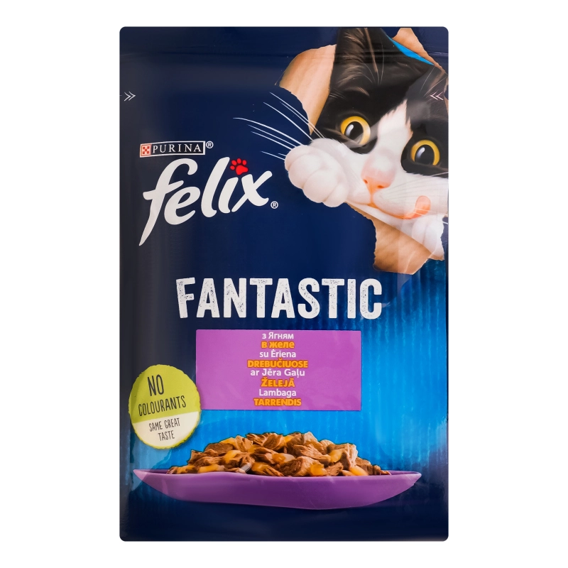 Корм консервований повнораціонний для дорослих котів з ягням в желе Fantastic Felix м/у 85г