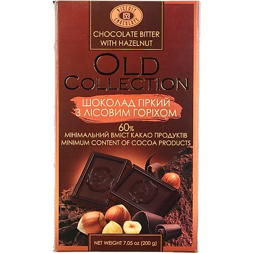 Шоколад гіркий з лісовим горіхом Old collection Бісквіт Шоколад к/у 200г