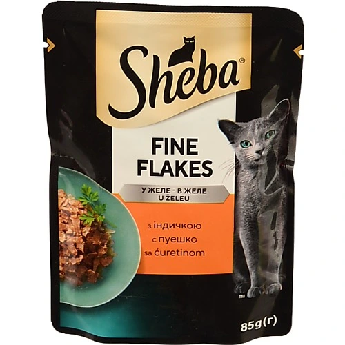 Корм Sheba Fine Flakes для дорослих котів з індичкою в желе 85г