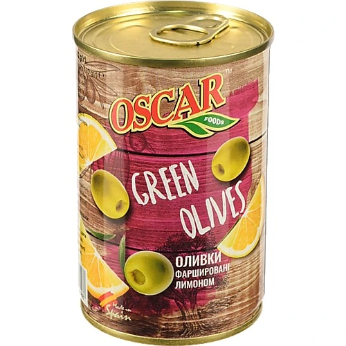 Оливки Oscar зелені фаршировані лимоном ж/б 300г/314мл