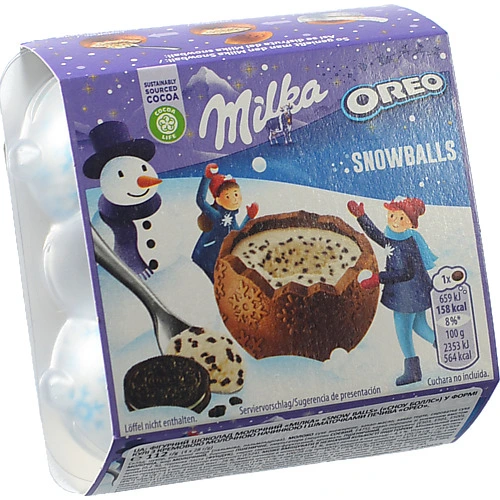Шоколад фігурний молочний з кремовою молочною начинкою і шматочками печива Орео Snow balls Milka к/у 4х28г