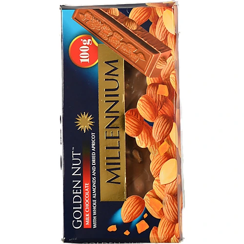 Шоколад молочний з цілим мигдалем та курагою Golden Nut Millennium к/у 100г