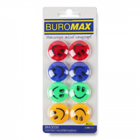 Комплект магнітів Buromax Смайлик кольорові 8 шт.30 мм BM.0032